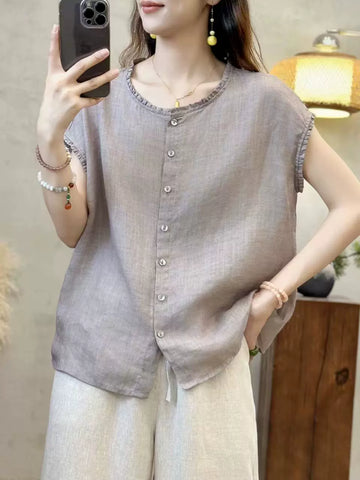 Summer Casual Ramie Round Neck Ruffle Collar Sleeveless Shirt