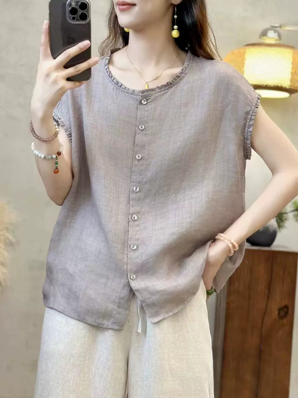 Summer Casual Ramie Round Neck Ruffle Collar Sleeveless Shirt