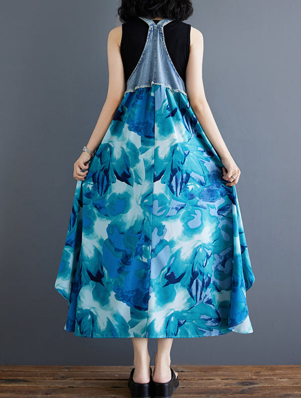 Women's Floral Spaghetti Strap Denim Patchwork Maxi Dress