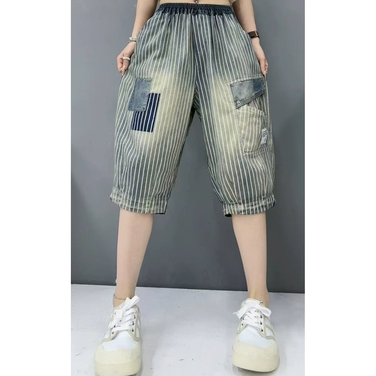 Summer Women Denim Loose Striped Patchwork Harem Shorts
