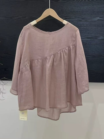 Women Summer Ramie Simple Breathable Round Neck Pullover Top