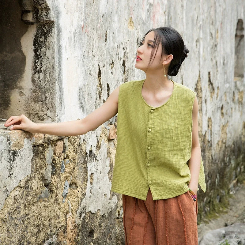 Summer Retro Linen V-Neck Sleeveless Casual Outwear