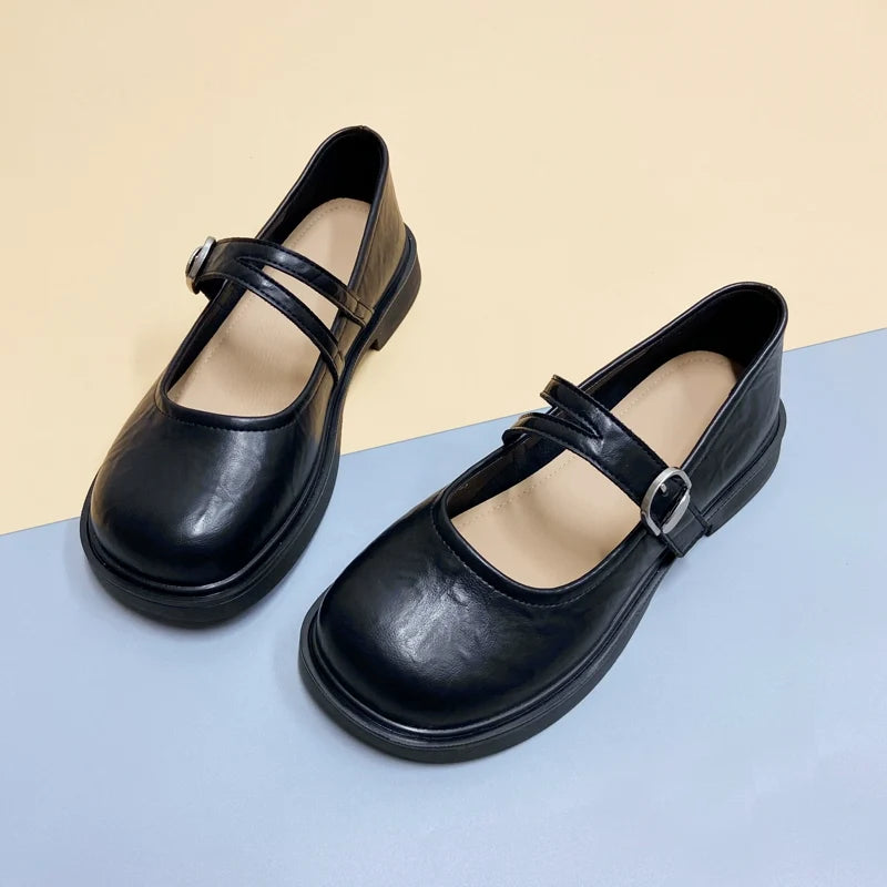 Retro Leather Wide Round Toe Plus Size Double Straped Shoes