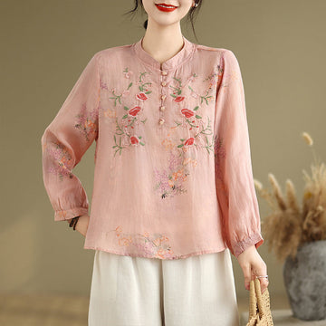 Women Spring Retro Ramie Embroidered Stand Collar Blouse