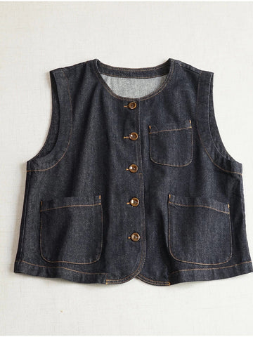 Retro Denim Round Neck Loose Pockets Single Breasted Vest