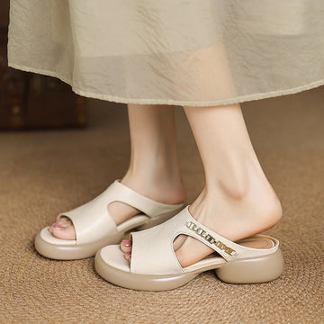 Summer Sheepskin Leather Open Toe Casual Chunky Shoes