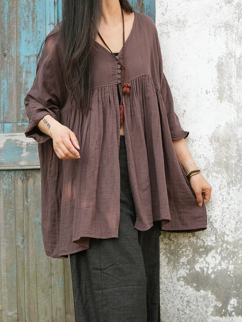 Retro Cotton Casual Versatile Loose V-Neck Long Sleeves Shirt