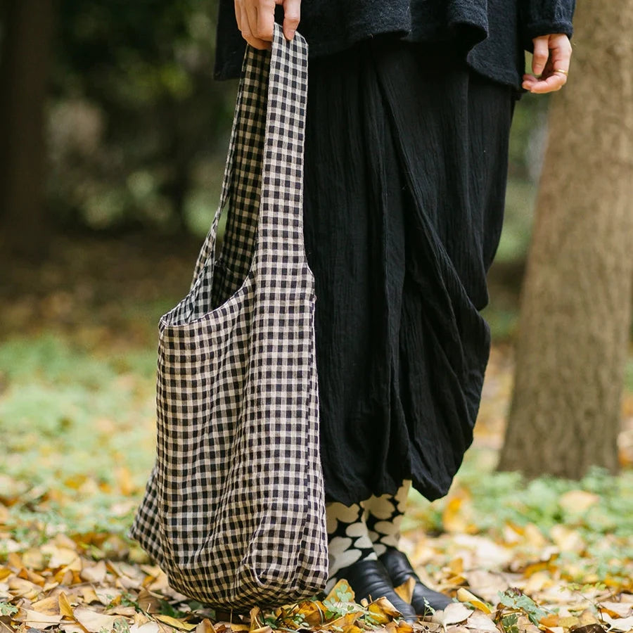 Babakud Handmade Cotton-Linen Plaid Artistic Vintage Tote Bag