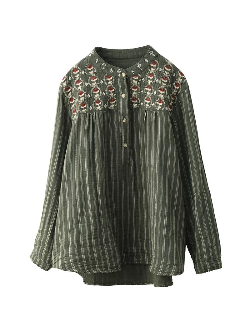 Women Spring Retro Cotton Embroidered Blouse
