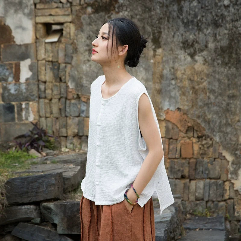 Summer Retro Linen V-Neck Sleeveless Casual Outwear