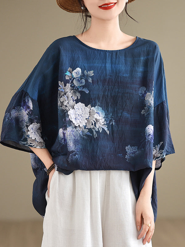 Blue Plus Size Bat Sleeves Round Neck Cotton Linen T-Shirt