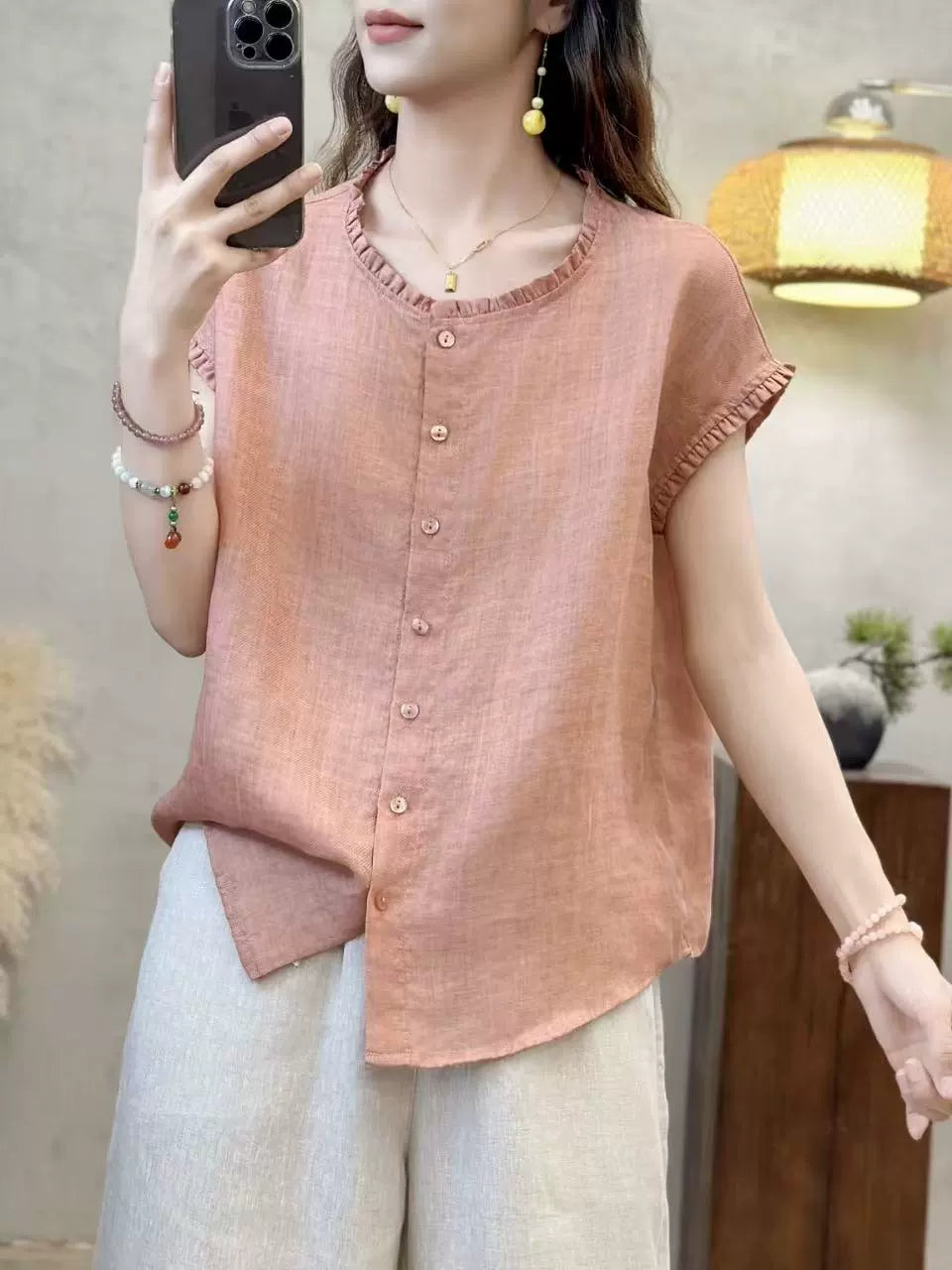 Summer Casual Ramie Round Neck Ruffle Collar Sleeveless Shirt