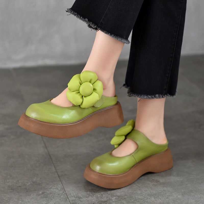 Summer Leather Closed Toe Soft Thick Sole Removable Floral Slippers