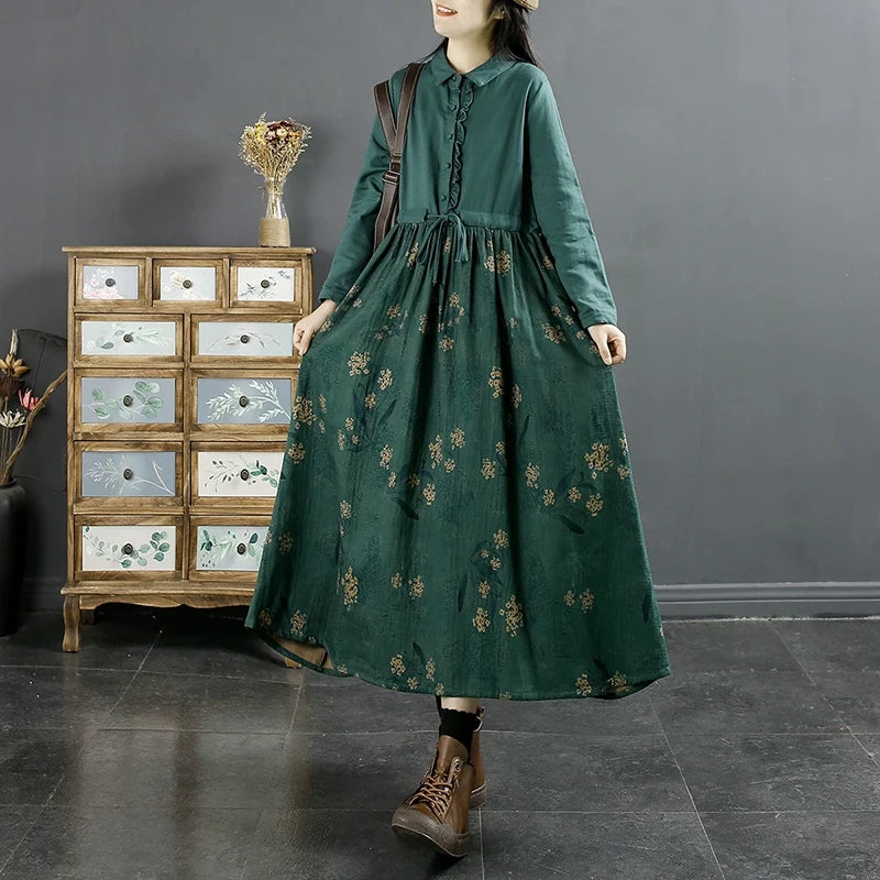 Women Autumn Vintage Cotton Linen Floral Patchwork Tie-Waist Maxi Dress