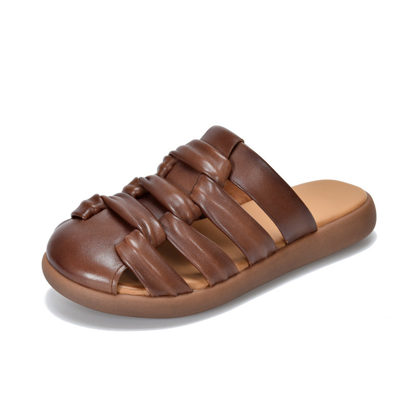 Summer Retro Leather Closed Toe Cut Out Soft Flat Slippers