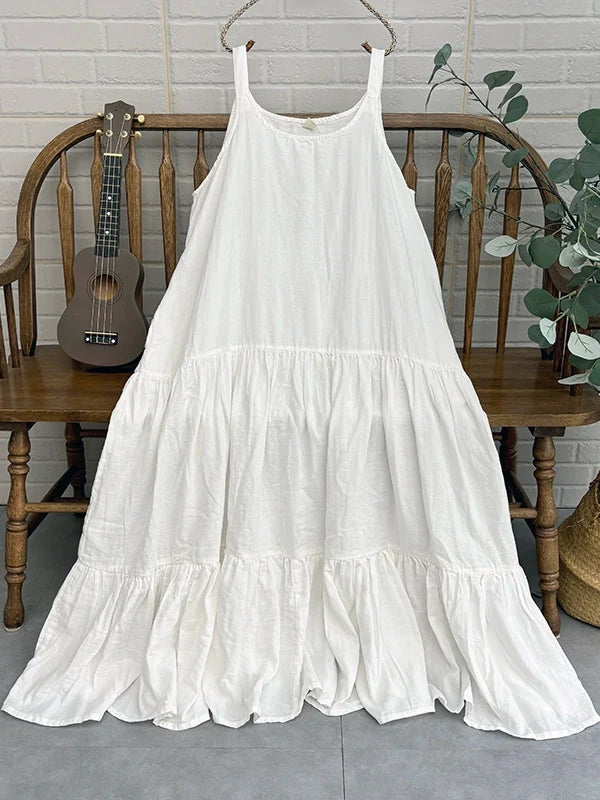 Summer Casual Cotton U-Neck Sleeveless Loose A-Line Dress