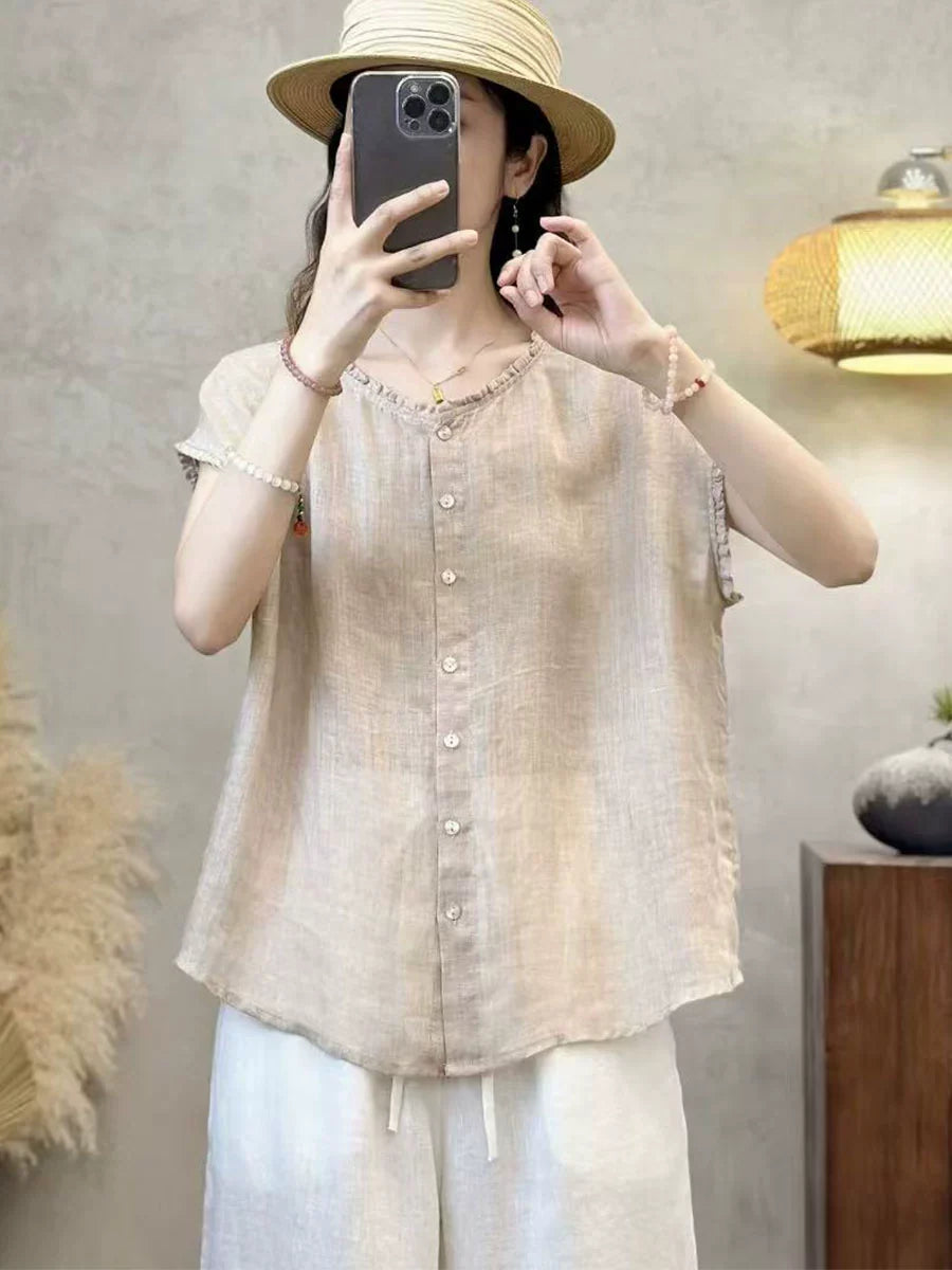 Summer Casual Ramie Round Neck Ruffle Collar Sleeveless Shirt