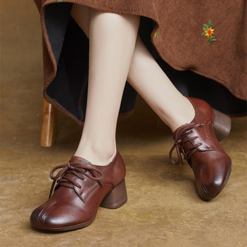 Women's Lace-Up Retro Handmade Genuine Leather Chunky Heels