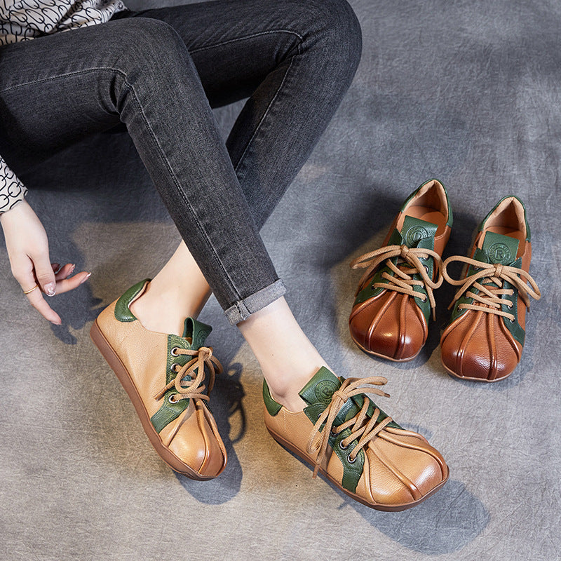 Spring Retro Soft Sole Color Block Lace-Up Leather Casual Shoes