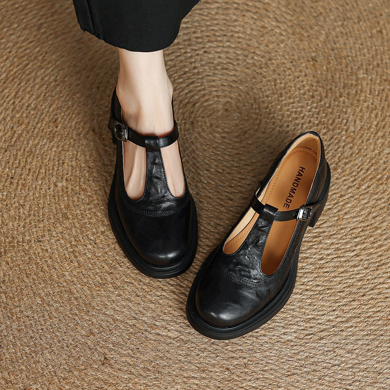 Retro Sheepskin Leather Round Toe One Straped Chunky Shoes