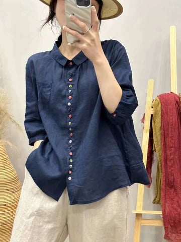 Summer Ramie Casual Versatile Colorful Button Loose Shirt