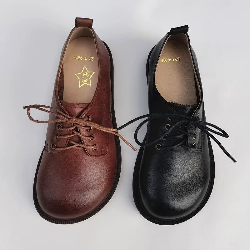 Spring Vintage Casual Leather Round Toe Lace Up Flats