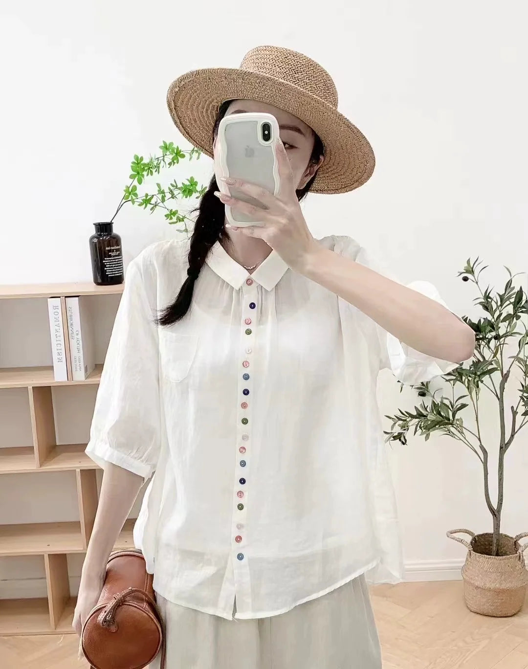 Summer Ramie Casual Versatile Colorful Button Loose Shirt