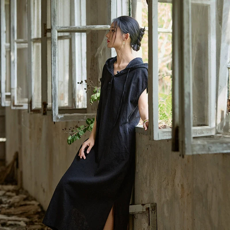 Summer Retro Linen Washed Casual Loose Hooded Dress