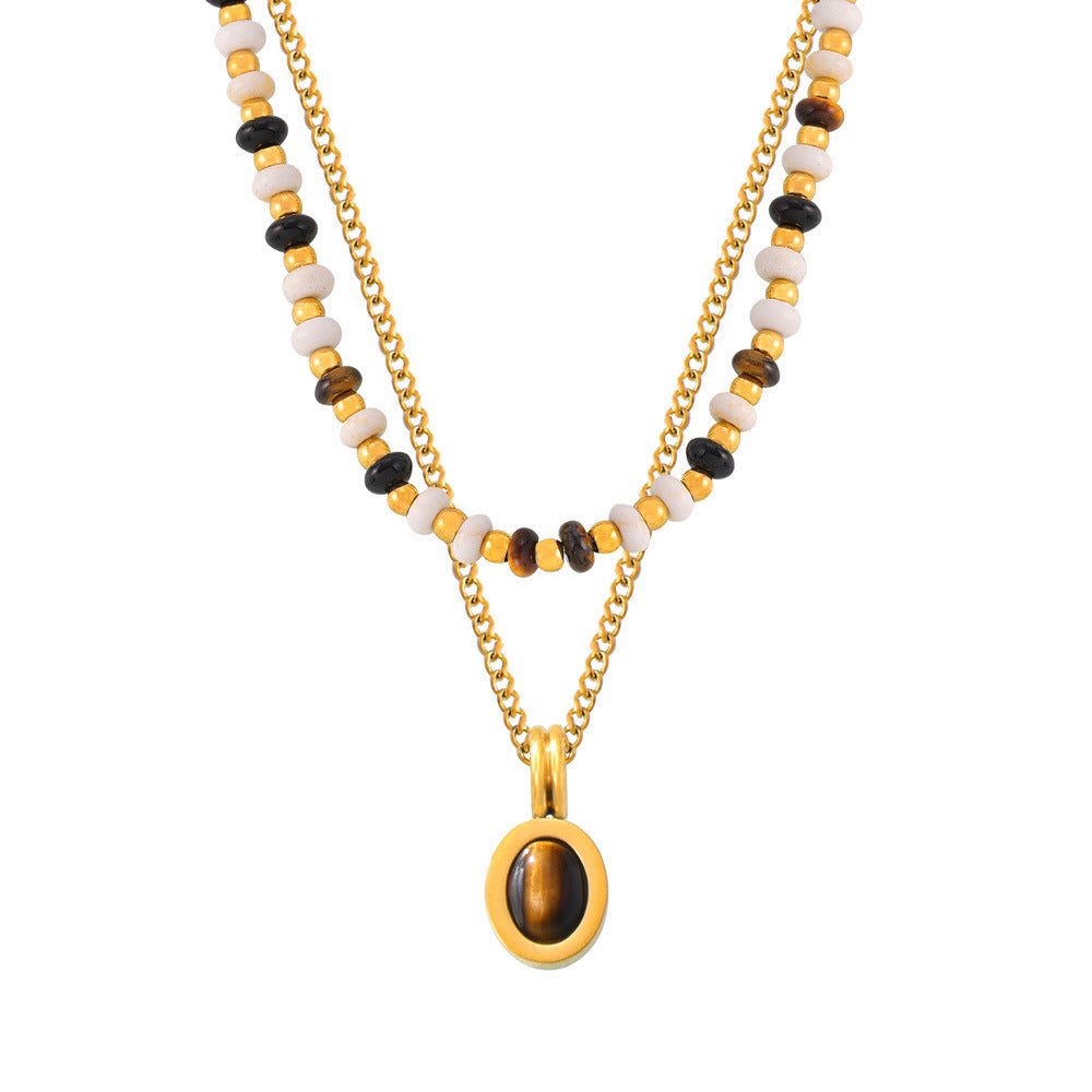 Layered Beaded Necklace Tiger Eye Pendant Titanium Choker Chain