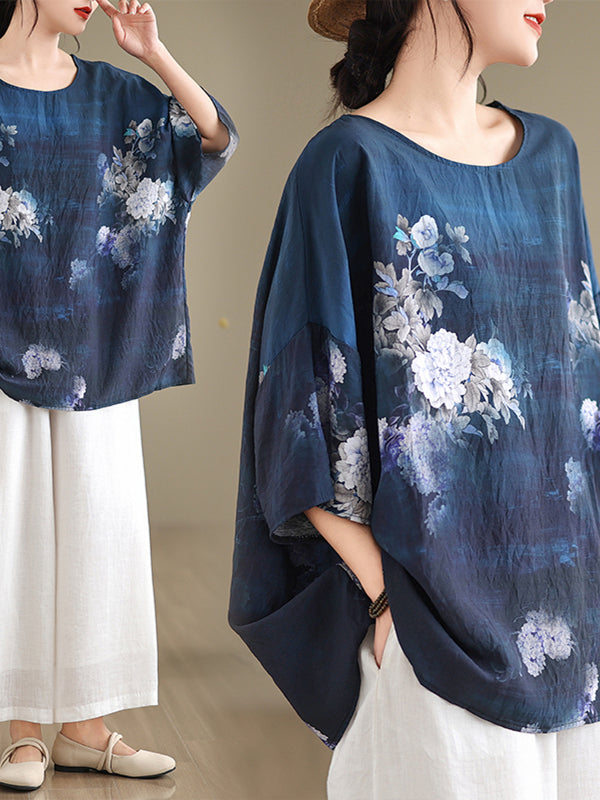 Blue Plus Size Bat Sleeves Round Neck Cotton Linen T-Shirt