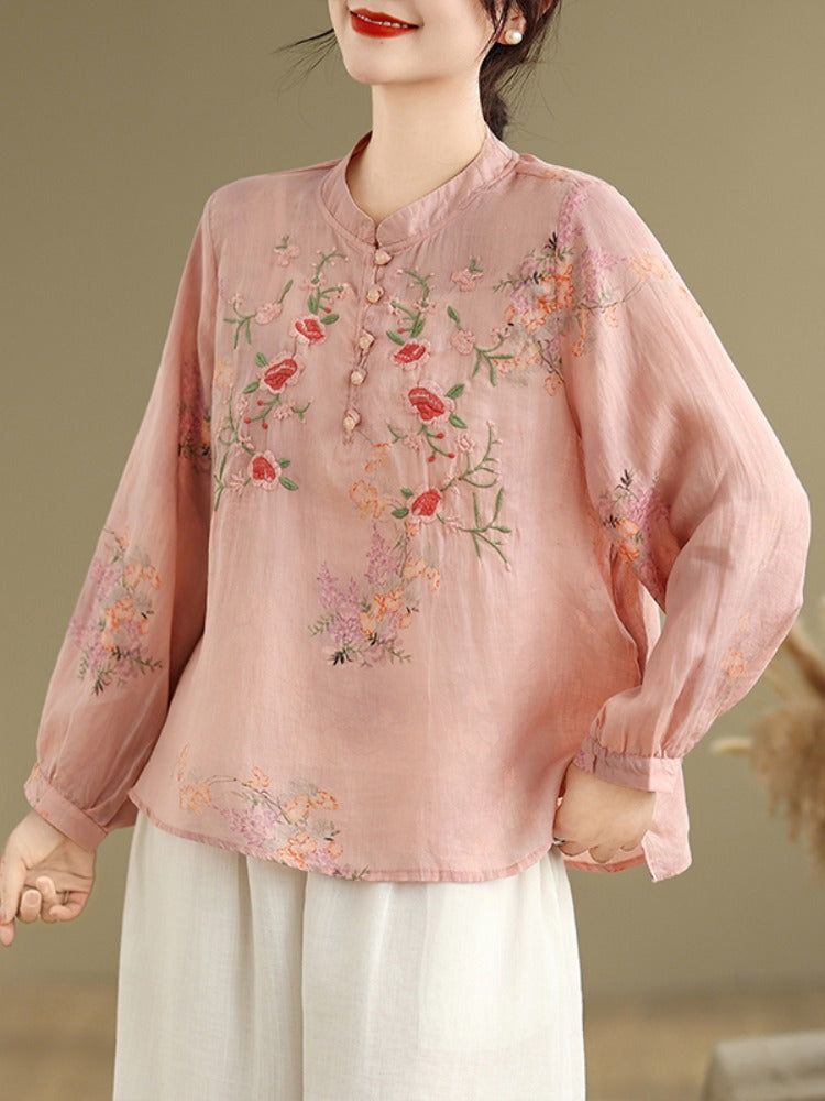 Women Spring Retro Ramie Embroidered Stand Collar Blouse