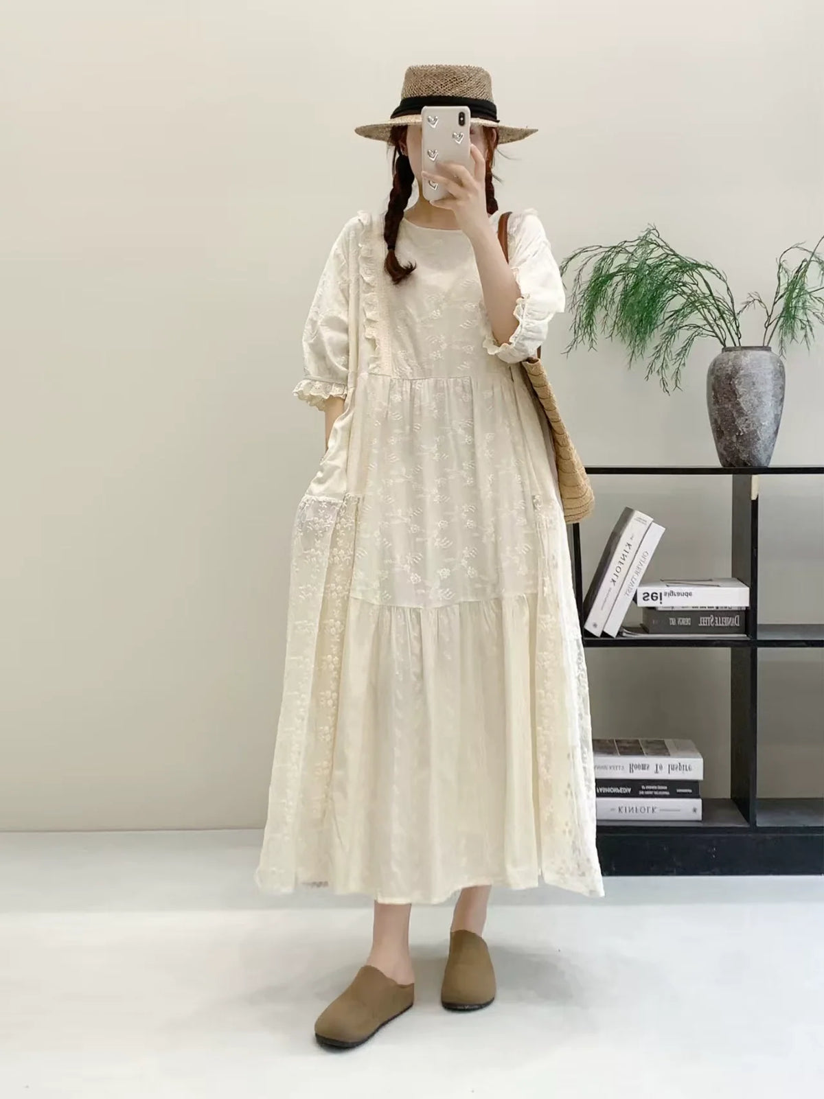 Retro Cotton Linen Lace Patchwork Loose Embroidered Dress