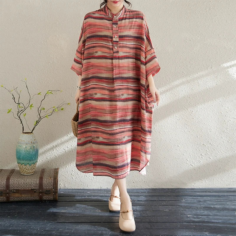 Women Spring Retro Loose Printed Buttoned Plus Size Dress