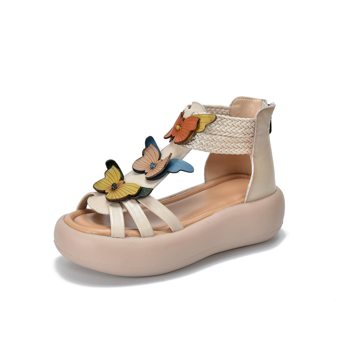 Babakud Retro Leather Platform Butterflies Floral Woveb Strap Sandals