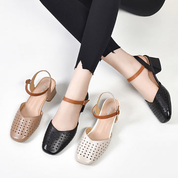 Retro Top Leather Hollow One Straped Chunky Sandals
