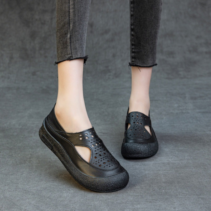 Summer Casual Leather No Slip Hollow Platform Slip On Shoes