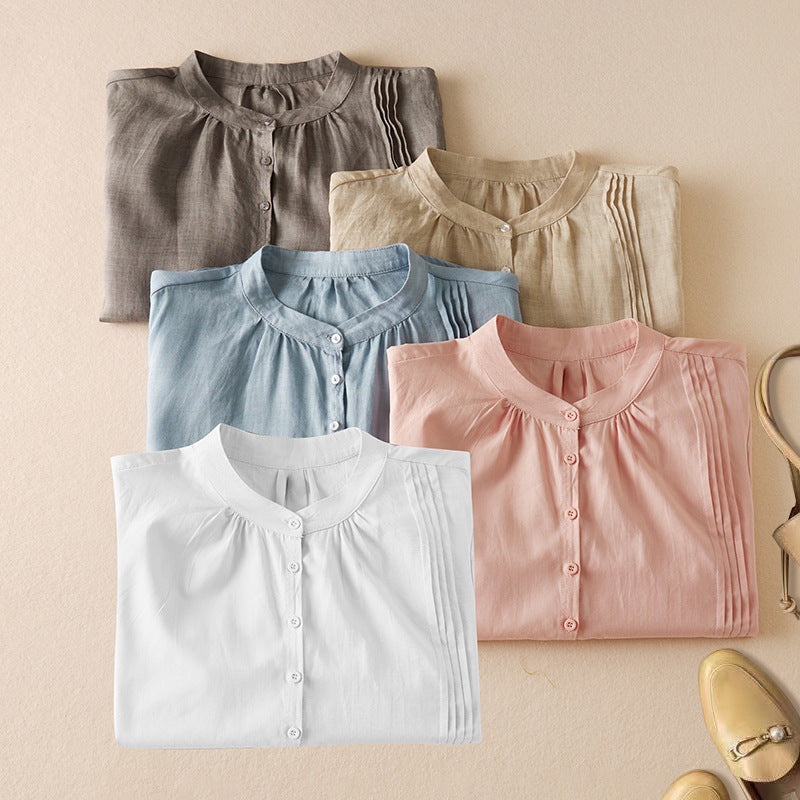 Women Autumn Retro Cotton Linen Stand Collar Loose Shirt