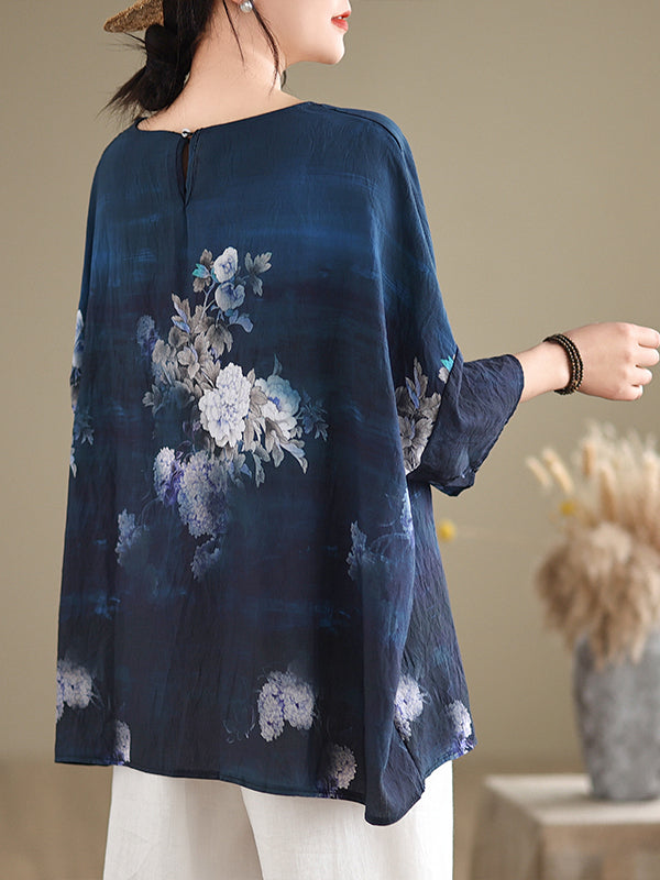Blue Plus Size Bat Sleeves Round Neck Cotton Linen T-Shirt