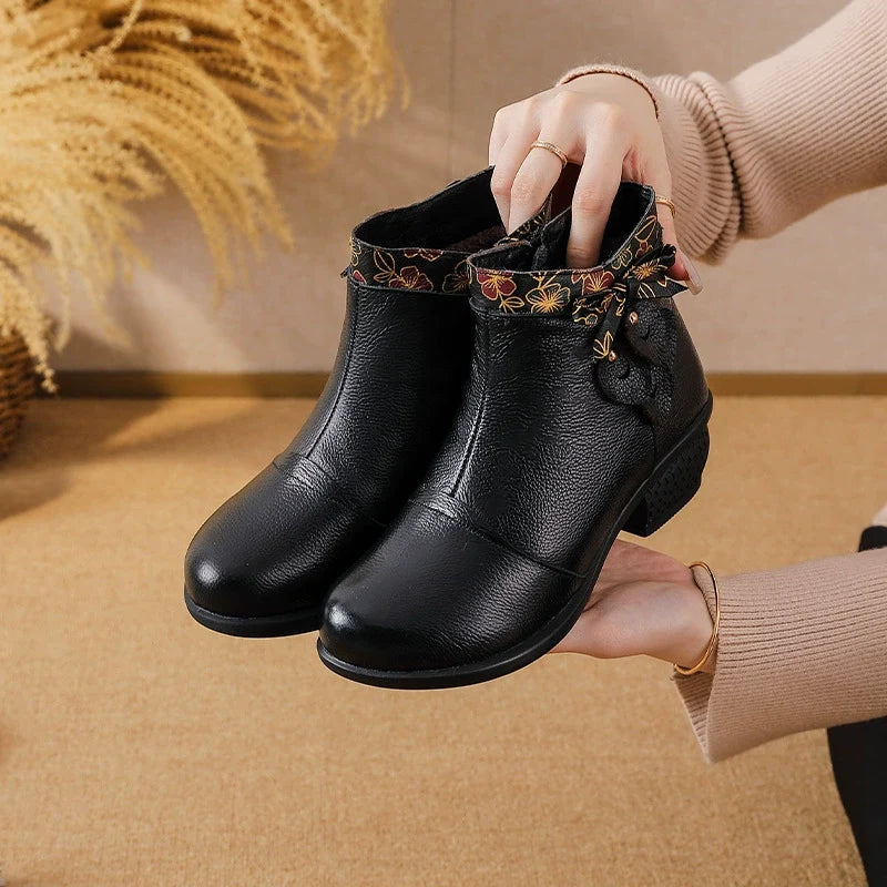 Retro Leather Patchwork Chunky Versatile Zipper Ankle Boots