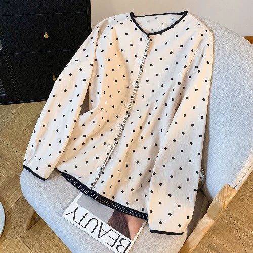 Women Autumn Cotton Round Neck Polka Dot Single-Breasted Shirt