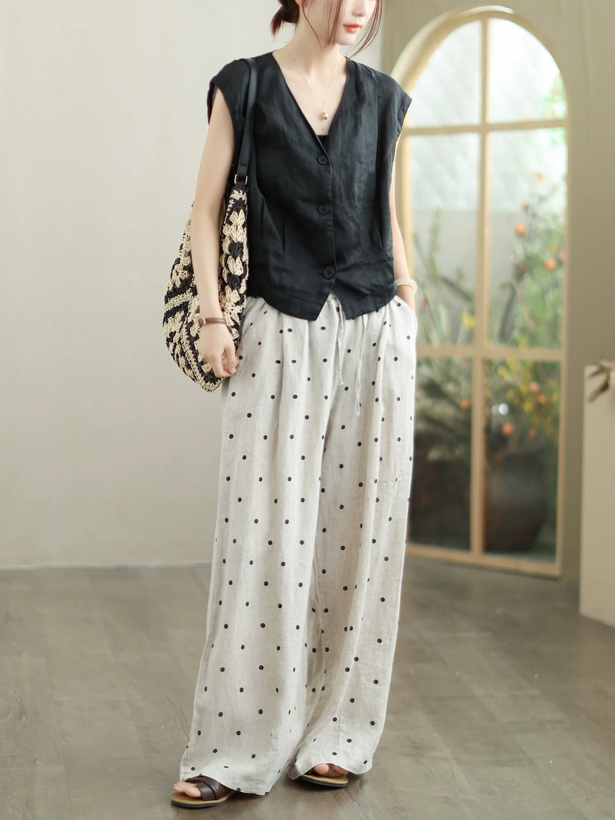 Babakud Women Fashionable Linen Polka Dots Versatile Pants