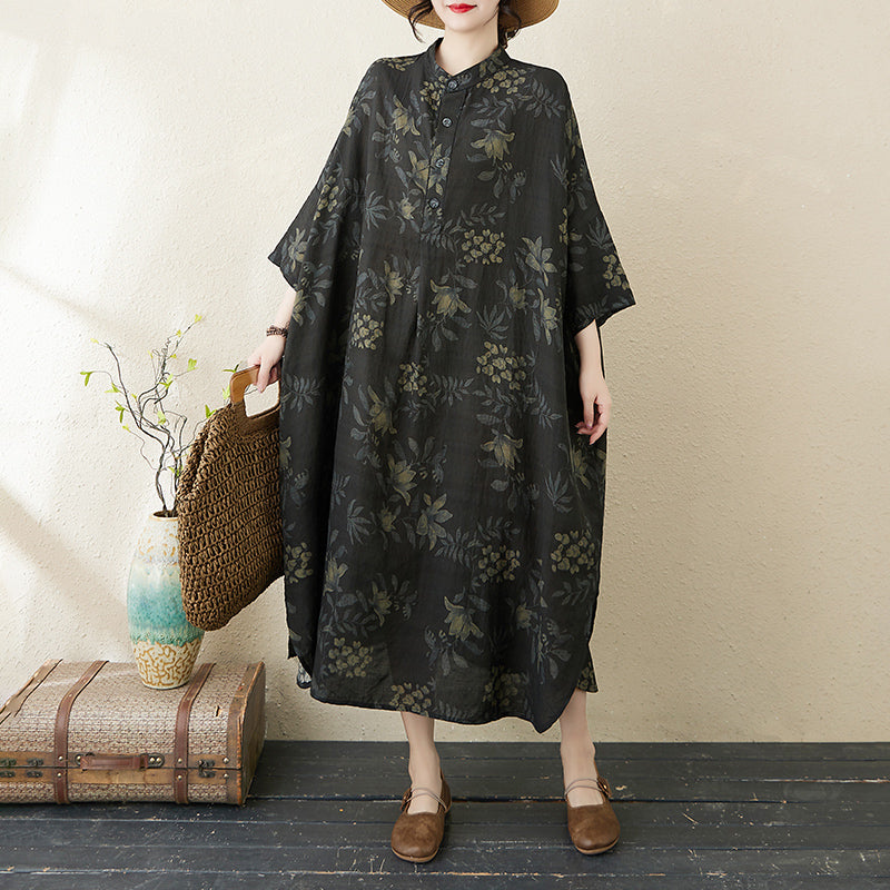 Women Spring Retro Loose Printed Buttoned Plus Size Dress