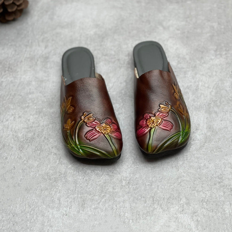 Retro Ethnic Style Embossed Flat Genuine Leather Slippers