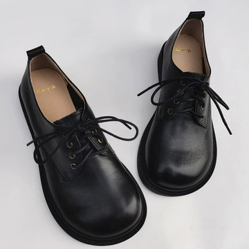 Spring Vintage Casual Leather Round Toe Lace Up Flats