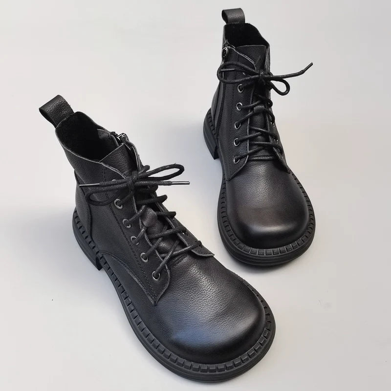 Babakud Women Top Leather Wide Round Toe Lace Up Boots