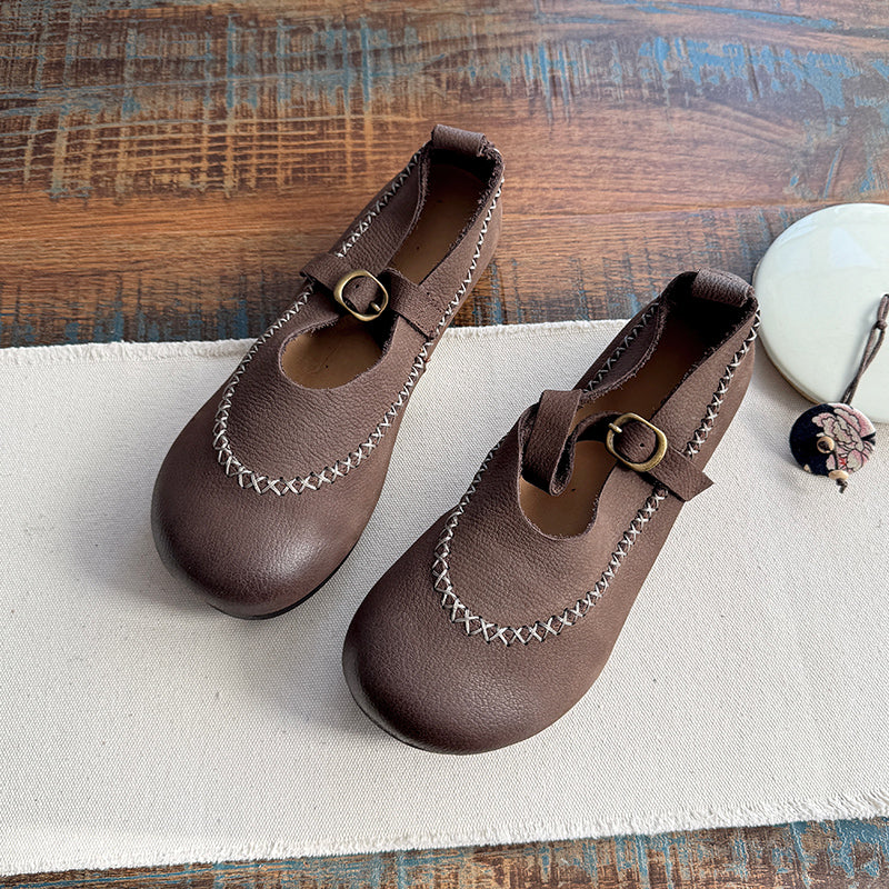 Babakud Women Spring Retro Leather Suede Soft Sole Mary Jane Flats