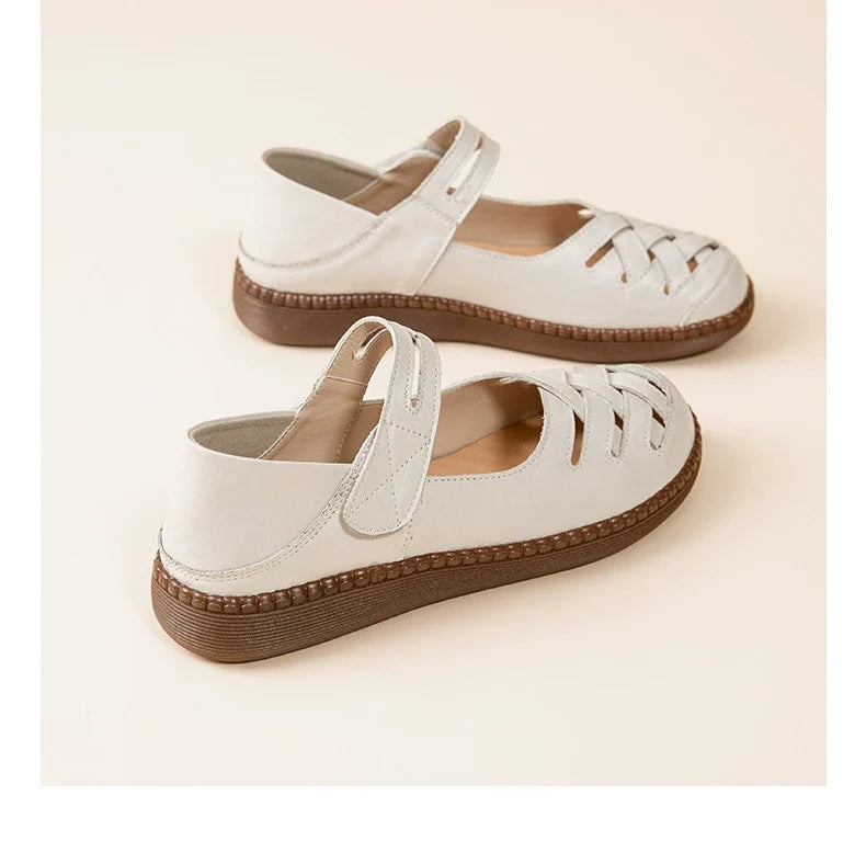 Leather Breathable Casual Closed Toe Woven Shallow Velcro Sandals
