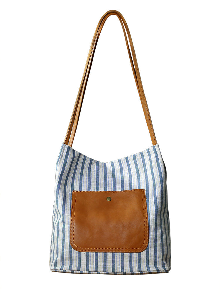 Babakud Vintage Striped Canvas Bucket Casual Tote Bag