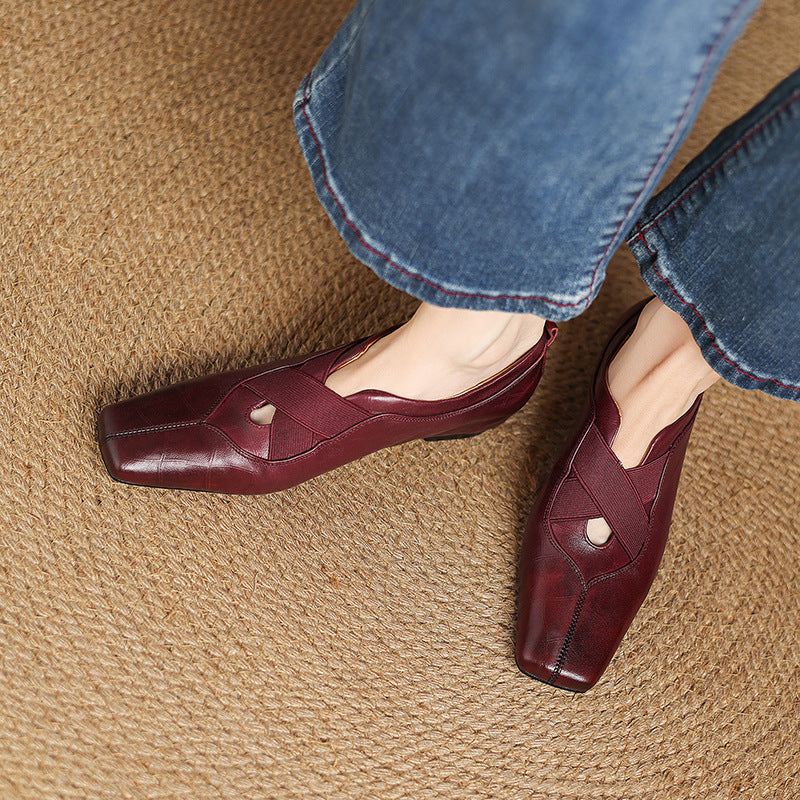 Retro Sheepskin Leather Square Toe Crossing Straped Shoes