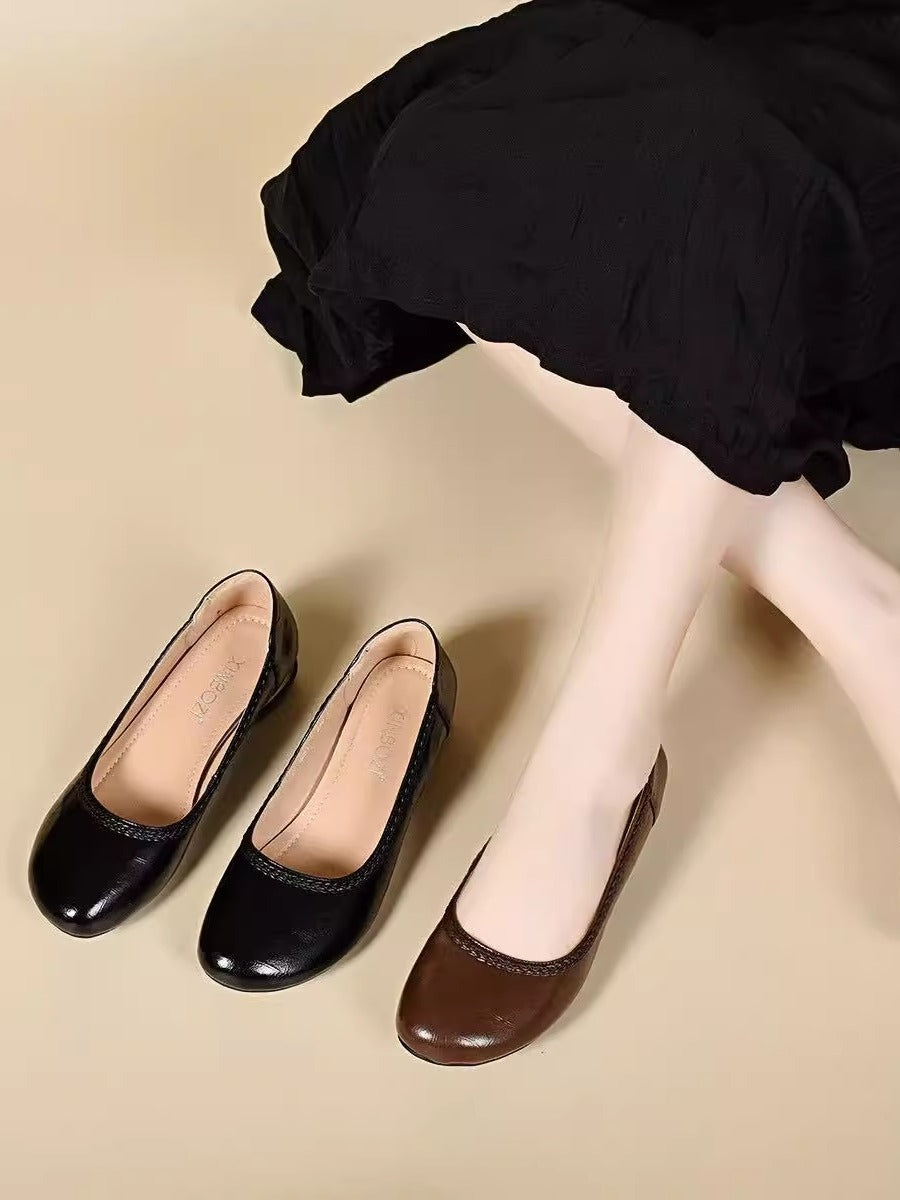 Genuine Leather Round Toe Shallow Slip-On Chunky Shoes